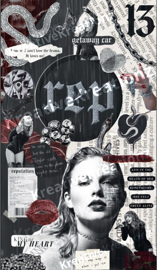 A digital print Tumbler Template by Kreative Kreationz, the REP Collage SVG features a black-and-white portrait of a woman interwoven with text snippets, the number 13, a snake, and graphic elements on a newspaper backdrop; key words include "reputation," "getaway car," and "king of my heart.