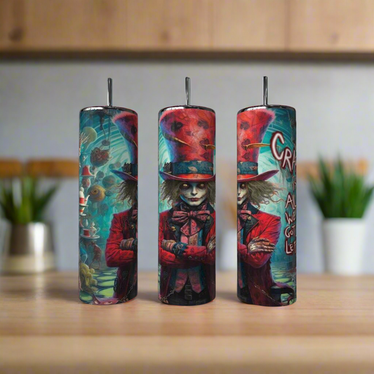 Three 20oz Crazy People Tumblers by Kreative Kreationz, featuring vibrant art of a whimsical character in a red hat and coat, are shown on a kitchen counter with plants and blurred shelves in the background.