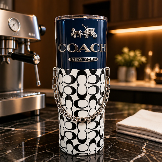 Black & Silver Coach 20oz Stainless Steel Tumbler with Detachable Chain