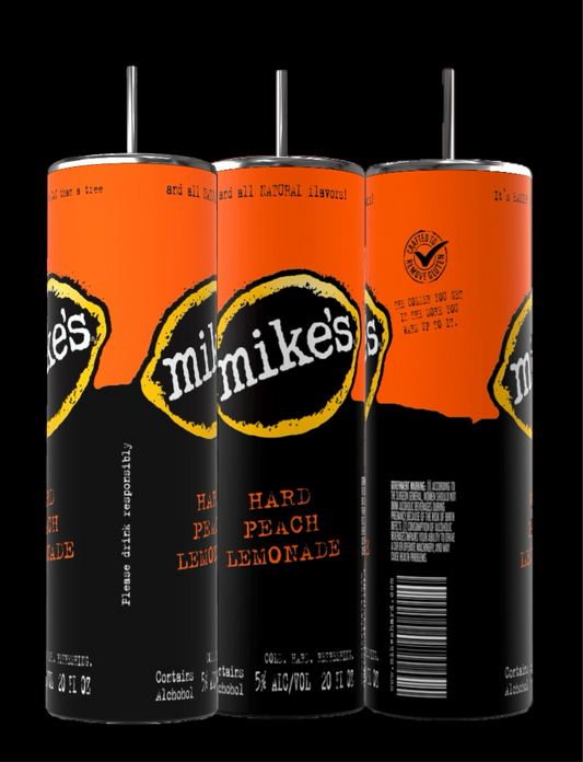 Three Kreative Kreationz Mike’s Hard Lemonade 20oz Tumblers with black straws, showcasing a vibrant photographic design, product logo, and detailed labeling.