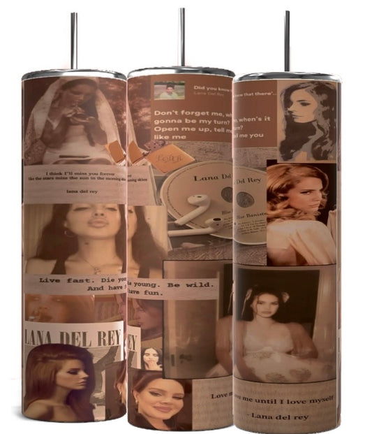 The Lana Del Ray Tumbler by Kreative Kreationz features three cylindrical designs with images of a woman, song titles, and phrases like "Live fast, die young," blending vintage and modern styles on eco-friendly materials with a predominantly brown-toned background.