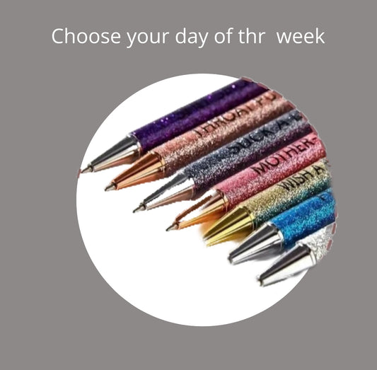 Six colorful Day Of The Week Pens by Kreative Kreationz, each labeled with a weekday, are arranged in a fan on a white background. Above them, text reads “Choose your day of thr week” with “the” misspelled.
