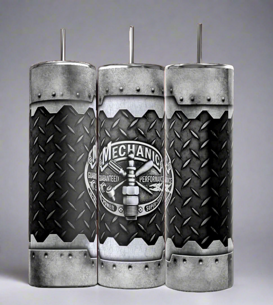 The Kreative Kreationz Mechanic 20oz Tumbler features rugged diamond plate design, riveted edges, and a “Mechanic” logo with spark plug—durable, stainless steel drinkware for those who love functional style.