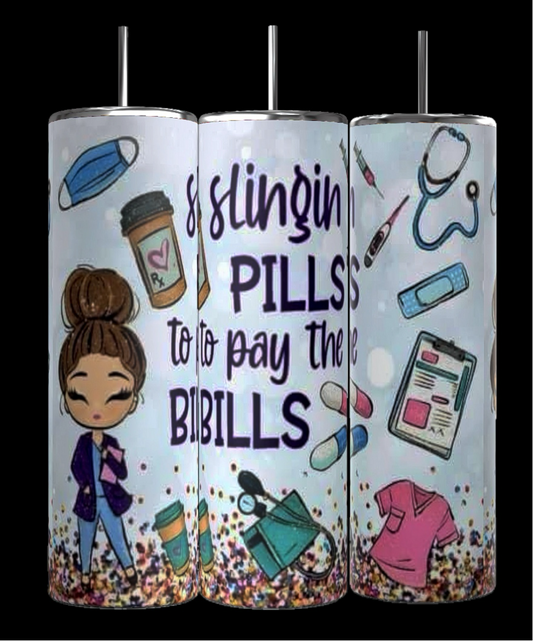 The Kreative Kreationz Nurse Slinging Pills To Pay The Bills 20oz Tumbler features nurse-themed illustrations like a clipboard, stethoscope, and scrubs. Ideal gift for nurses, with “Slingin’ PILLS to pay the BILLS” printed on the center.