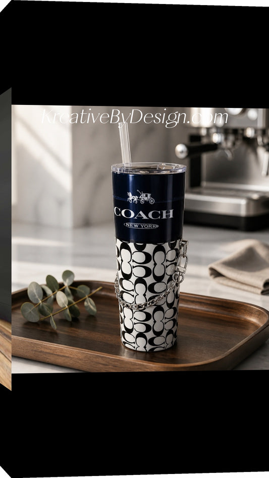 Black & Silver Coach 20oz Stainless Steel Tumbler with Detachable Chain