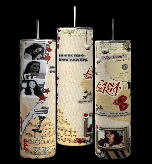 Set of three Kreative Kreationz Lana Del RayTumbler cups featuring her photos, lyrics, red hearts, music notes, and vintage designs on black. These reusable tumblers are perfect for fans and eco-conscious users.