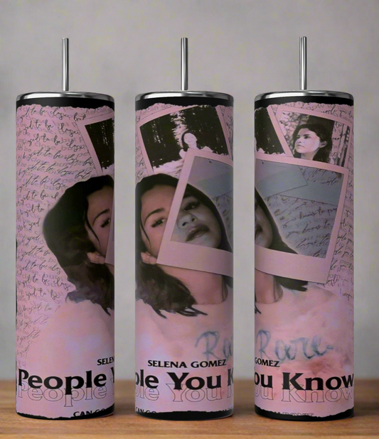 The Kreative Kreationz Selena Gomez People You Know 20oz Stainless Steel Tumbler features a collage of her photos, handwritten text, and bold lettering on a soft pink background—perfect reusable drinkware for any fan.