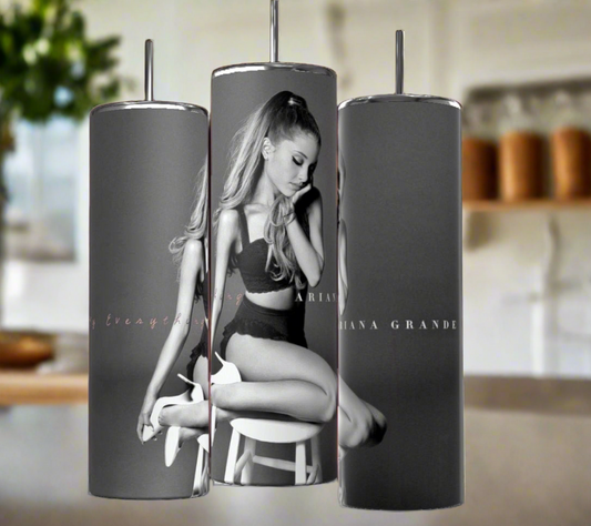 Three Ariana Grande Thank You Next 20oz Stainless Steel Tumblers by Kreative Kreationz feature a black-and-white photo of the singer on eco-friendly drinkware, with "Ariana Grande" and "My Everything" displayed.