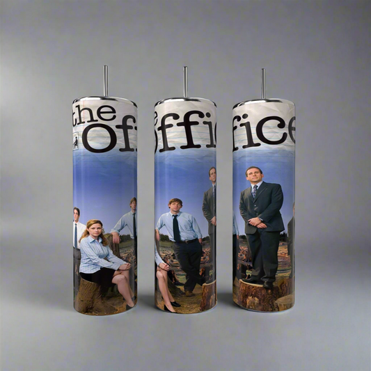 Three batteries depict office scenes with four professionals against a gray backdrop, topped with "The Office." It echoes the chic design of Kreative Kreationz's The Office 20oz Tumbler, embodying an eco-friendly workplace aesthetic.