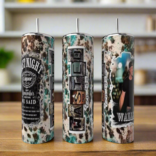 Three tall, stainless steel Kreative Kreationz tumblers with a rustic speckled design and unique text graphics are displayed indoors on a wooden surface. One is the Morgan Wallen 20oz Tumbler featuring his photo.