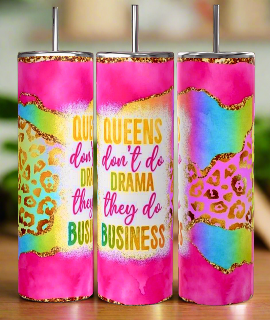 Kreative Kreationz Boss Lady 20oz Tumblers come in a vibrant pink, gold, green, and leopard print with metal straws. The center reads "Queens don't do drama they do business." Sip eco-friendly and stylish!.