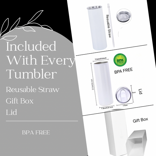 Promotional graphic showcasing the Kreative Kreationz "Look What You Made Me Do" Taylor Swift 20oz skinny tumbler—white, BPA-free, with reusable straw, spill-proof lid, and gift box. All items included with each purchase.