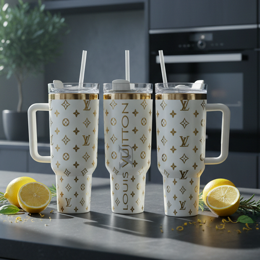 40oz Creme & Gold Laser Engraved Stainless Steel Tumbler