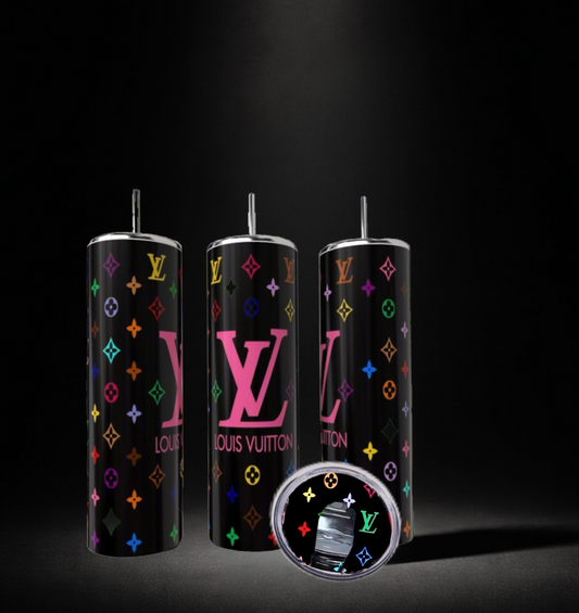 Black Multicolor Monogram Tumbler with Matching Lid Topper - Luxe Bundle