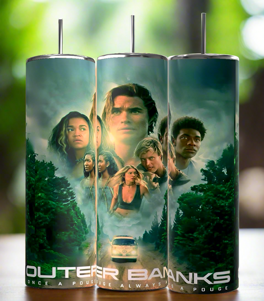 The Kreative Kreationz Outer Banks 20oz Tumbler features series characters with a forest, car, and dramatic skies, plus the quote “Outer Banks. Once a Pogue, Always a Pogue.” Includes spill-proof lid for easy sipping.
