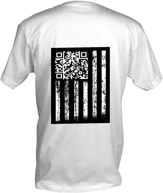 The Kreative Kreationz POTUS Trump T-Shirt showcases a black distressed American flag on the back, with its stars replaced by a unique QR code for a fresh, modern spin on the classic flag design.