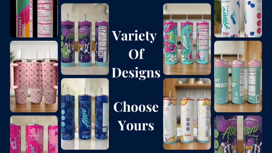 A collage of Kreative Kreationz Alani 20oz Tumblers in assorted colors/flavors with spill-proof lids, shown from various angles. Centered white text on a dark blue background reads: "Variety Of Designs Choose Yours.
