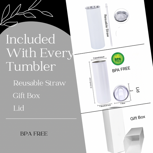 A promotional image displays the MK Beige 20oz Tumbler by Kreative Kreationz with a reusable straw, BPA-free lid, and white gift box. Text emphasizes that each tumbler includes these essentials and highlights its BPA-free materials with simple graphics.