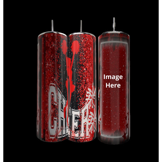 The Kreative Kreationz Cheer 20oz Tumblers feature “CHEER,” pom-poms, and a cheerleader silhouette, plus a customizable option with "Image Here" for your own photo—making them a unique gift for any cheer mom.