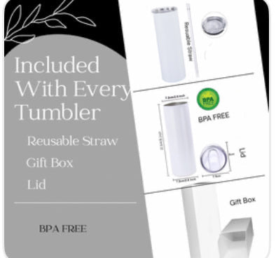 Promotional graphic of the Kreative Kreationz Billie Ellish 20oz Tumbler, featuring BPA-free stainless steel, a reusable straw, lid, and gift box—perfect for gifting.