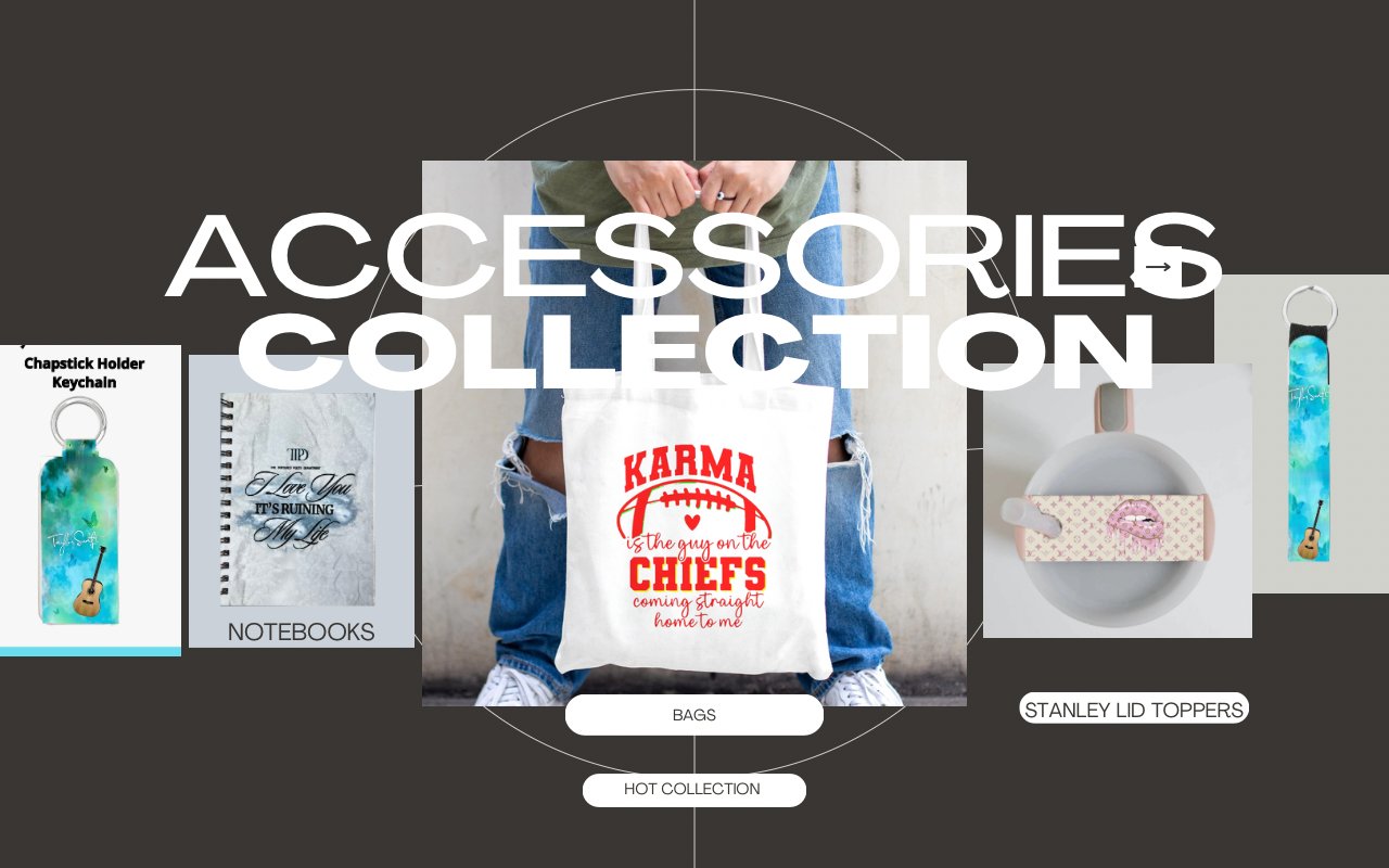Collage of accessories including a keychain, notebooks, bags, and toppers. Central image shows a bag with a football design and "Karma Chiefs" text. Other items are displayed around it with labels.