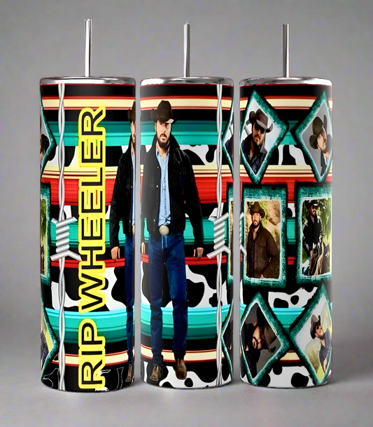 Celebrate the cowboy spirit with Kreative Kreationz's Yellowstone RIP 20oz Tumblers. These three tall, stainless steel, eco-friendly tumblers feature a "RIP WHEELER" design with ropes and cattle print, a cowboy-outfitted man, and a collage against stripes.