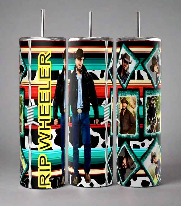 Celebrate the cowboy spirit with Kreative Kreationz's Yellowstone RIP 20oz Tumblers. These three tall, stainless steel, eco-friendly tumblers feature a "RIP WHEELER" design with ropes and cattle print, a cowboy-outfitted man, and a collage against stripes.