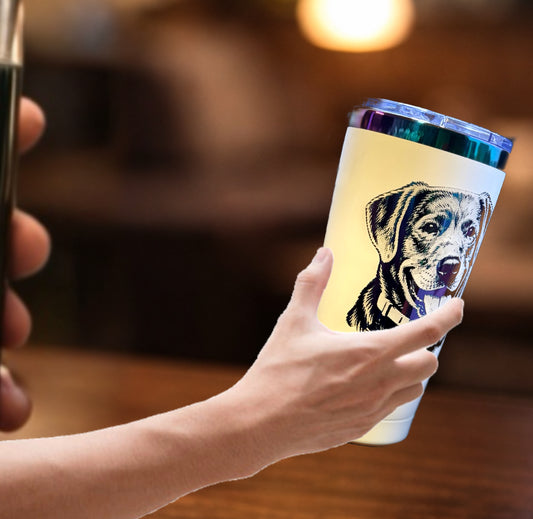 20oz Rainbow Plated Tumbler | Laser-Engraved Pet Portrait with Name