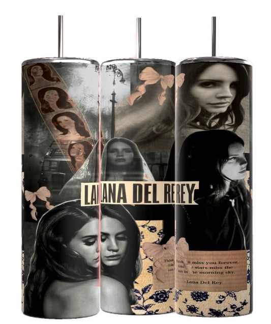 Kreative Kreationz's Lana Del Ray Tumbler set includes three tall, reusable stainless steel tumblers with sepia-accented collages, black-and-white Lana Del Rey portraits, vintage florals, and her bold name for a nostalgic vibe.