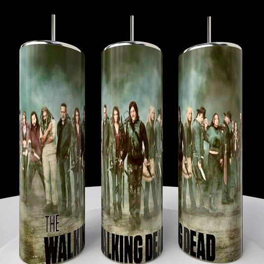 The 20oz Skinny Tumblers by Kreative Kreationz feature a captivating collage of The Walking Dead characters in rugged attire against a stormy backdrop, with visible parts of the show's title. These stainless steel tumblers are eco-friendly and ideal for fans.