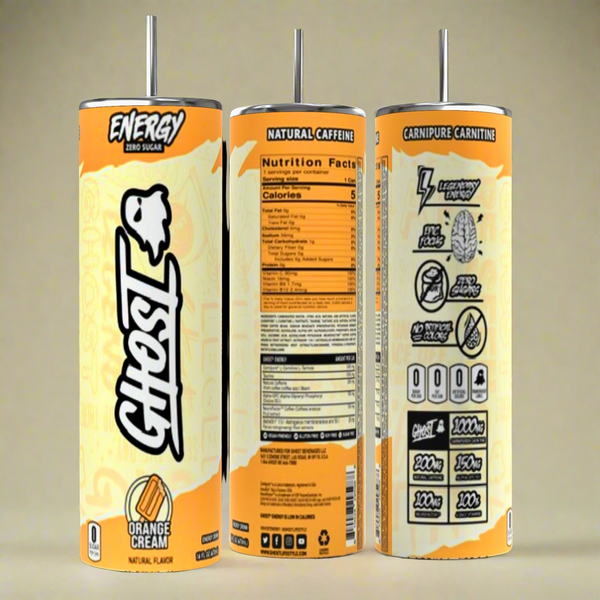 Displayed with a vibrant orange and cream design, three cans of Ghost Energy boast zero sugar and natural caffeine, perfectly complemented by a GHOST 20oz Skinny Tumbler from Kreative Kreationz featuring a spill-proof lid and durable construction.