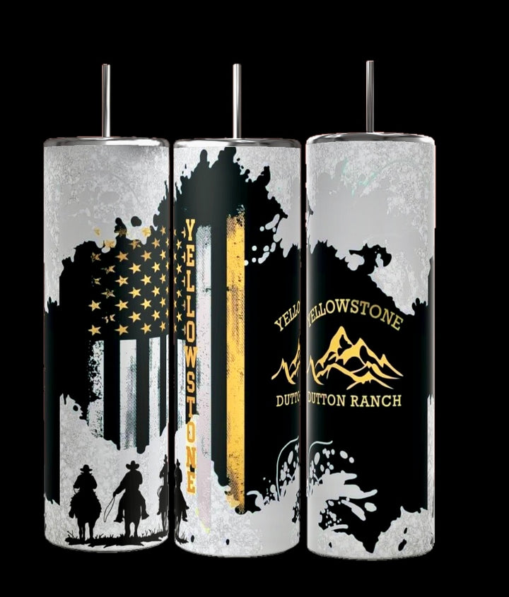 Kreative Kreationz's Yellowstone 20oz Tumblers come in three luxury designs: one with cowboy silhouettes and a USA flag with "Yellowstone," another featuring bold vertical "Yellowstone" text, and the last displaying mountains with "Yellowstone Dutton Ranch.