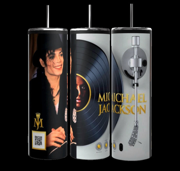 The set of three 20oz Michael Jackson tumblers, crafted by Kreative Kreationz, features a pop artist image, vinyl record design, and turntable graphic. Perfect for music lovers, each tumbler includes a working QR code playlist to enjoy the King of Pop's iconic tunes.