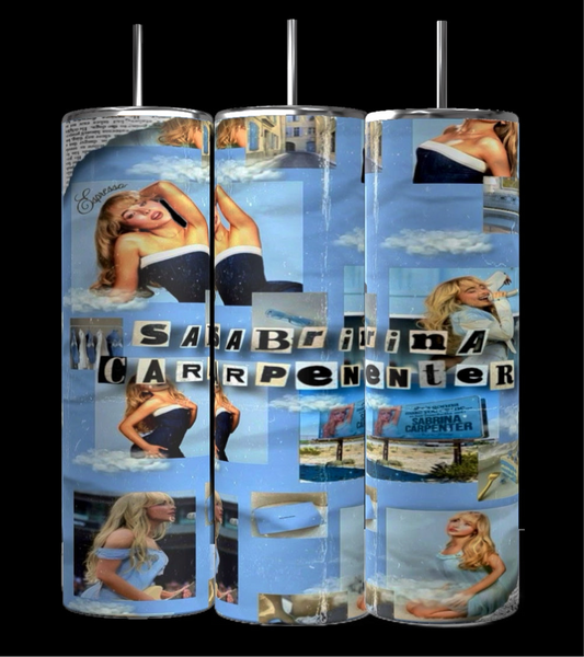 Three vertical Sabrina Carlenter Expresso 20oz Tumblers by Kreative Kreationz feature a collage of a blonde woman against blue, “Sabrina Carpenter” text across the center, and each comes with a spill-proof lid.