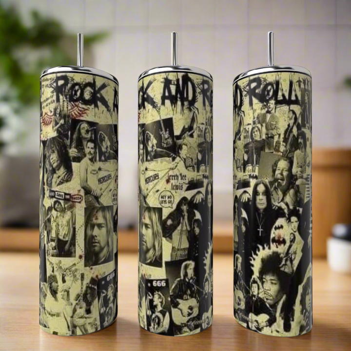The Kreative Kreationz Ozzie Osborne 20oz Skinny Tumbler features collage-style designs with famous rock musicians, musical notes, and rock and roll text, shown on a kitchen counter with a blurred background.