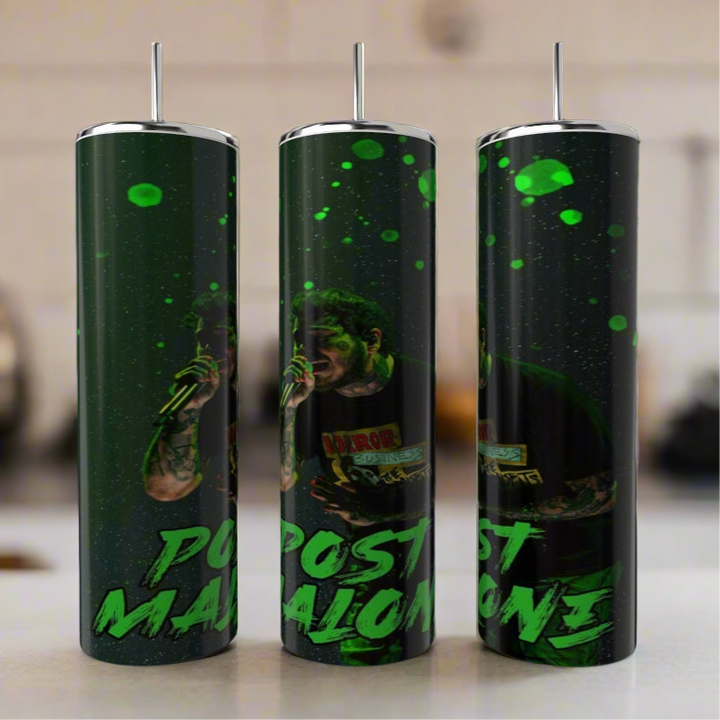 Three tall, cylindrical stainless steel Post Malone Tumblers by Kreative Kreationz boast a luxury-inspired design with green splatter art and bold "Post Malone" text. The central tumbler has a close-up of someone holding a microphone, ideal for style-conscious fans seeking durability.