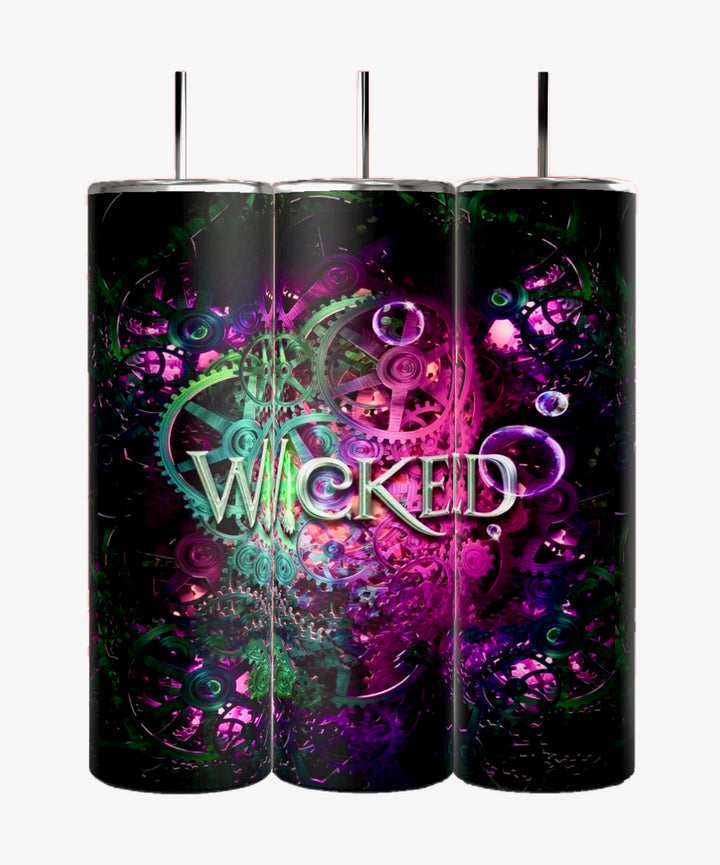 Kreative Kreationz presents the "Wicked 20oz Tumbler," featuring three vibrant tumblers with intricate purple and green swirling gear patterns. The word "WICKED" stands out in neon colors through sublimation printing on insulated stainless steel.