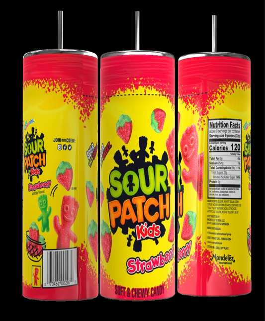 Three Kreative Kreationz Sour Patch Kids 20oz Stainless Steel Tumblers feature vivid yellow and red designs with logos, strawberry graphics, candy illustrations, and nutritional info. Each eco-friendly tumbler includes a built-in straw for convenience.
