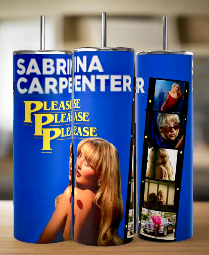 The Kreative Kreationz Sabrina Carpenter Please Please Please 20oz Tumbler showcases her images, yellow text, and a photo filmstrip on blue stainless steel—an eco-friendly, stylish must-have for fans.