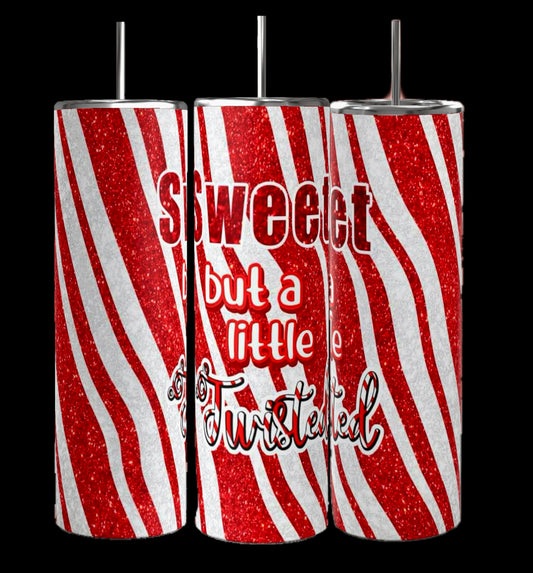 The Sweet Candy Cane 20oz Tumblers by Kreative Kreationz feature red and white glittery stripes with a bold "Sweet but a little Twisted" text. Made from eco-friendly stainless steel, they include metal straws and stand out against a black background, exuding luxury and playfulness.