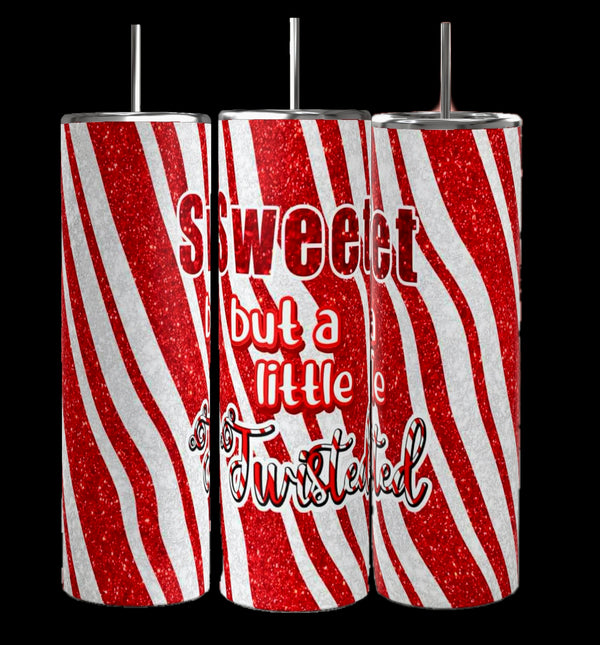 The Sweet Candy Cane 20oz Tumblers by Kreative Kreationz feature red and white glittery stripes with a bold "Sweet but a little Twisted" text. Made from eco-friendly stainless steel, they include metal straws and stand out against a black background, exuding luxury and playfulness.