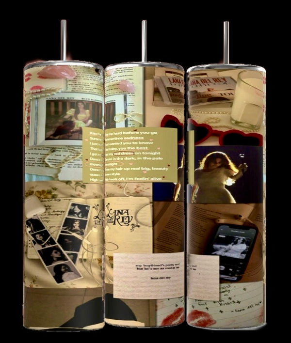 The Lana Del RayTumbler by Kreative Kreationz is a set of three tall stainless steel tumblers featuring nostalgic collages of vintage photos, handwritten notes, film strips, song lyrics, and retro memorabilia in warm tones.