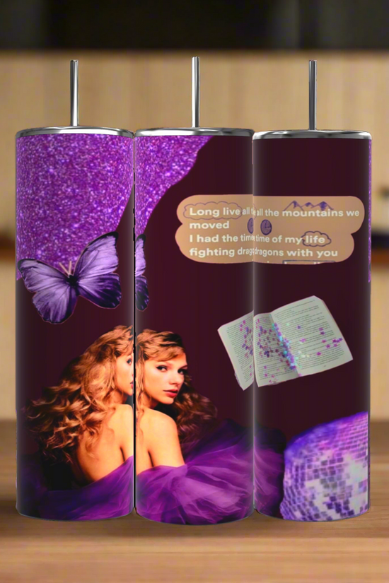 The Speak Now Taylor Swift Fanart 20oz Tumblers by Kreative Kreationz feature a woman in a purple dress, butterfly, notebook, and inspiring quote—an ideal gift for Swifties and Taylor Swift fan art lovers.
