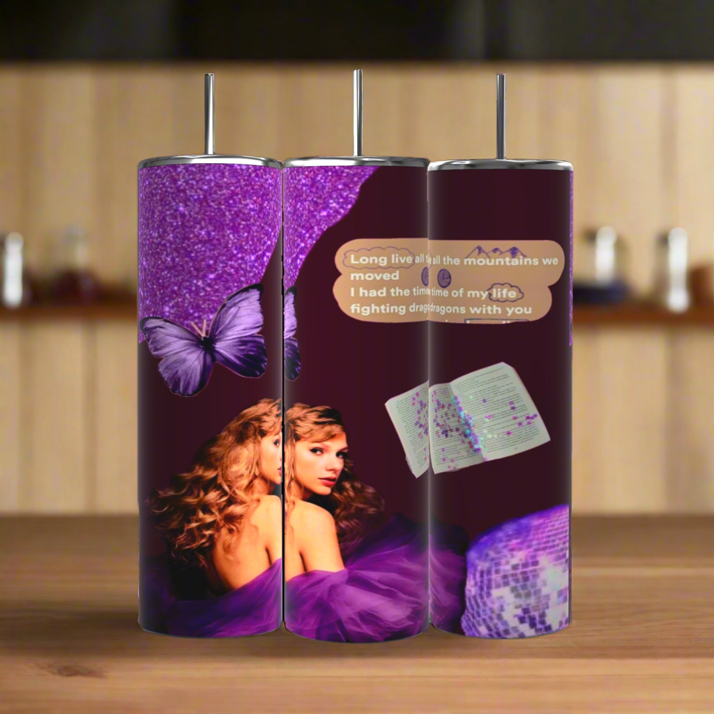 The Speak Now Taylor Swift Fanart 20oz Tumblers by Kreative Kreationz feature a woman in a purple dress, butterfly, notebook, and inspiring quote—an ideal gift for Swifties and Taylor Swift fan art lovers.
