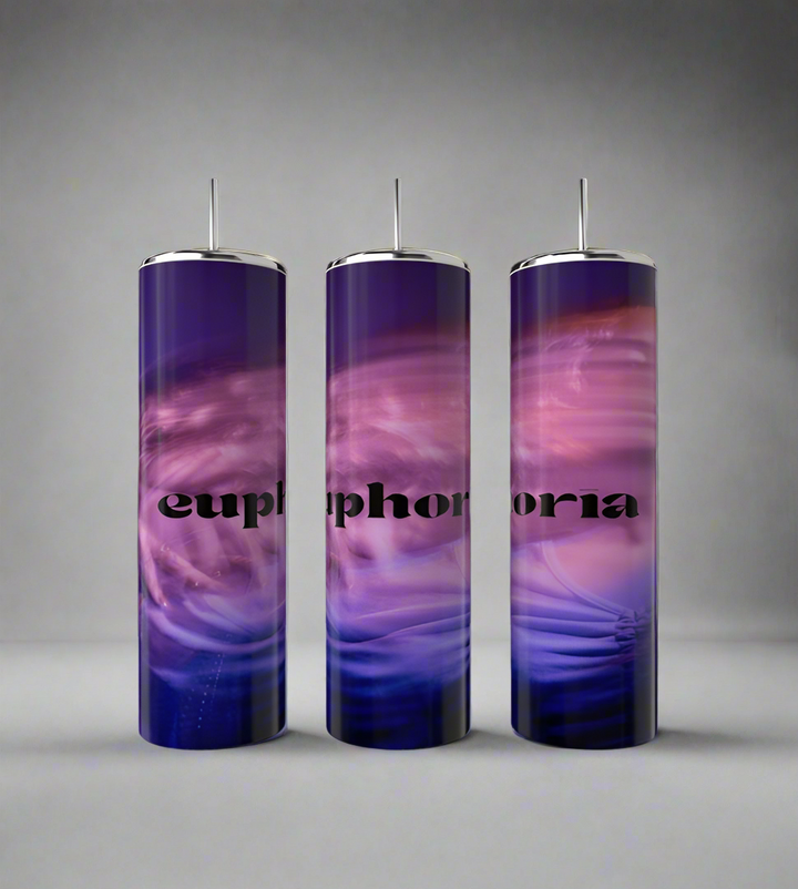 Three Euphoria 20oz Tumblers from Kreative Kreationz stand side by side, featuring a swirling purple and pink design with "euphoria" in bold black letters. Each luxury-inspired stainless steel tumbler includes an eco-friendly metal lid with an upward-extending straw.