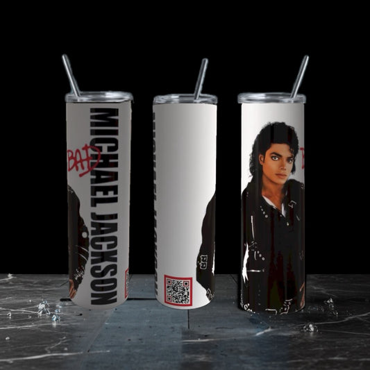 360 degree view tumbler with Michael Jackson design with QE code on a dark surface 