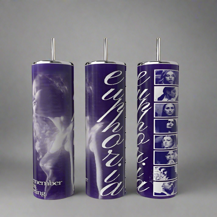 Three luxurious cylindrical containers with pumps are adorned in purple and silver by Kreative Kreationz. The first has an abstract pattern, the second says "euphoria," and the third shows black-and-white film strip images of a woman, all exuding an eco-friendly allure.