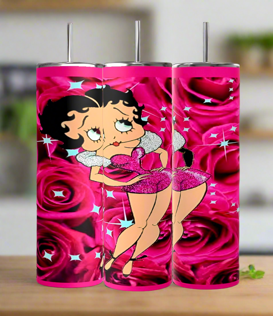 The Betty B 20oz Skinny Tumbler by Kreative Kreationz features three tall, eco-friendly tumblers with pink roses and a cartoon woman in a sparkly pink outfit posing amid shiny star accents.
