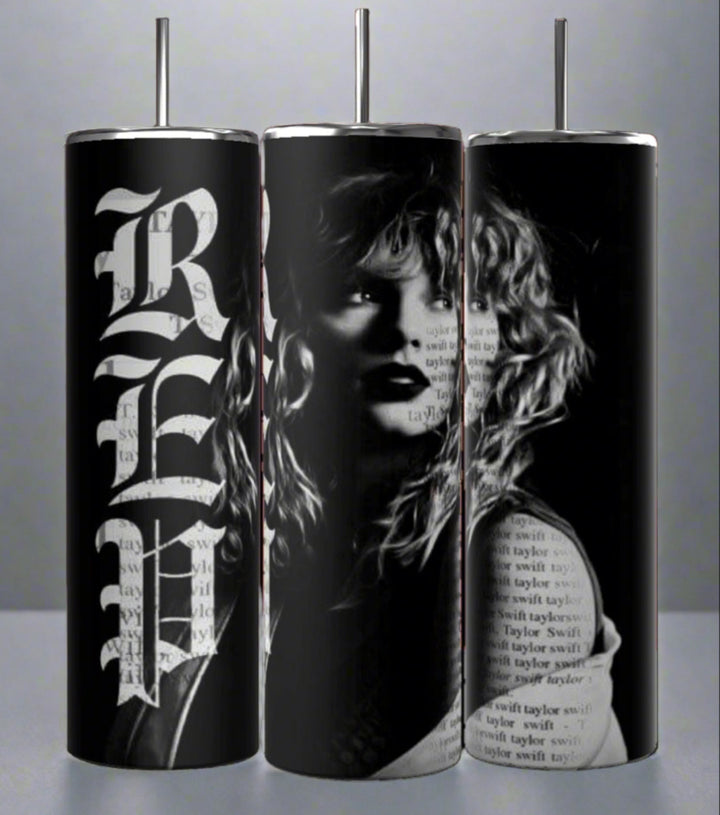 Displayed are three black REP 20oz Skinny Tumblers by Kreative Kreationz, each with a silver lid. The central tumbler features a curly-haired woman's portrait, while the side tumblers display "RED" in bold white text, blending style and function in a sleek design.