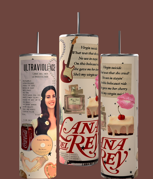 The Lana Del Ray Tumbler by Kreative Kreationz features a collage inspired by "Ultraviolence"—her portrait, song list, guitars, and bold red text—printed on a reusable stainless steel tumbler with a beige background.